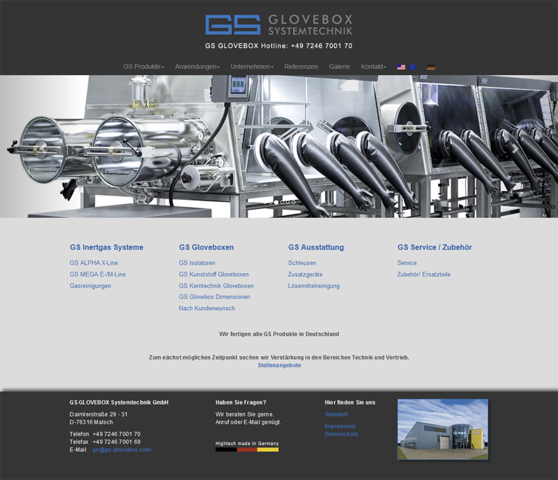 Website der GS GLOVEBOX Systemtechnik GmbH